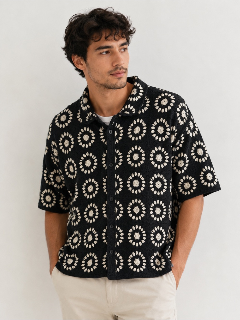 Maison Article crochet Men's Black Short-Sleeve Button-Down Shirt XL